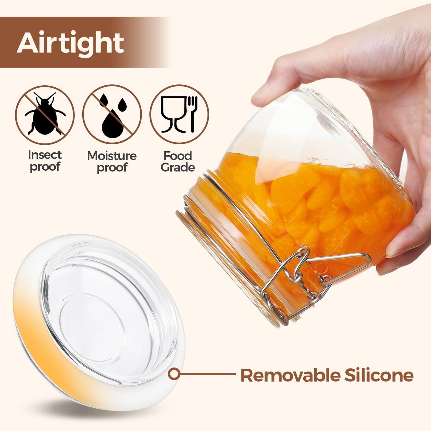 Airtight Glass Canister Set of 6 with Lids 17Oz Food Storage Jar round - Storage Container with Clear Preserving Seal Wire Clip Fastening for Kitchen Canning Cereal,Pasta,Sugar,Beans,Spice