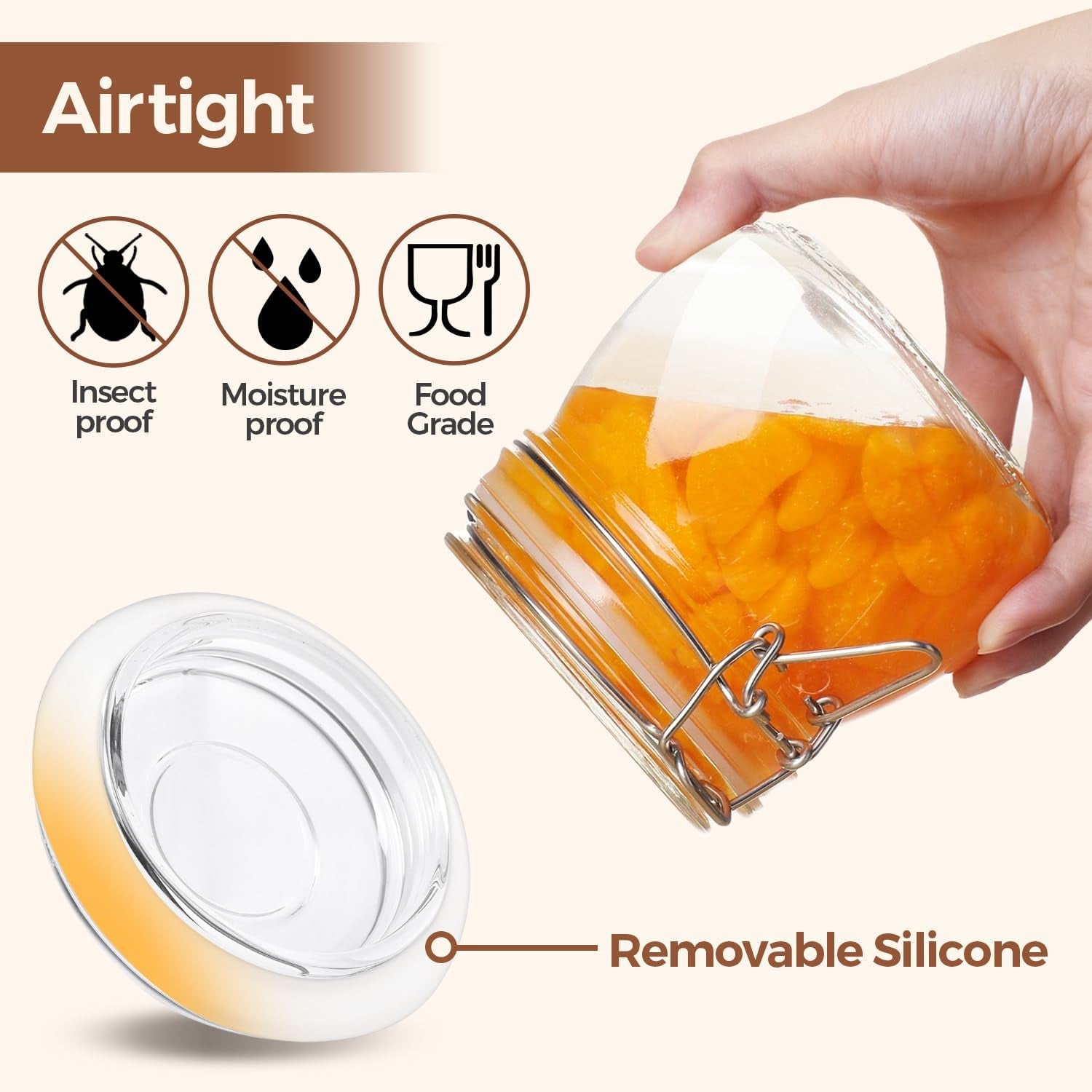 Airtight Glass Canister Set of 6 with Lids 17Oz Food Storage Jar round - Storage Container with Clear Preserving Seal Wire Clip Fastening for Kitchen Canning Cereal,Pasta,Sugar,Beans,Spice