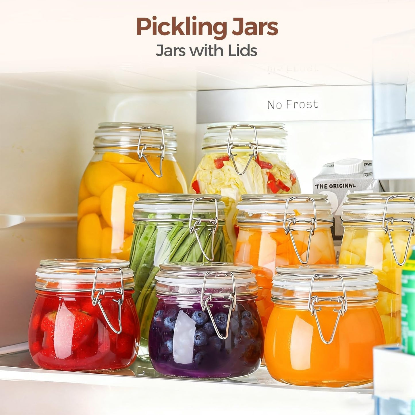 Airtight Glass Canister Set of 6 with Lids 17Oz Food Storage Jar round - Storage Container with Clear Preserving Seal Wire Clip Fastening for Kitchen Canning Cereal,Pasta,Sugar,Beans,Spice