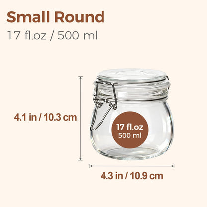 Airtight Glass Canister Set of 6 with Lids 17Oz Food Storage Jar round - Storage Container with Clear Preserving Seal Wire Clip Fastening for Kitchen Canning Cereal,Pasta,Sugar,Beans,Spice